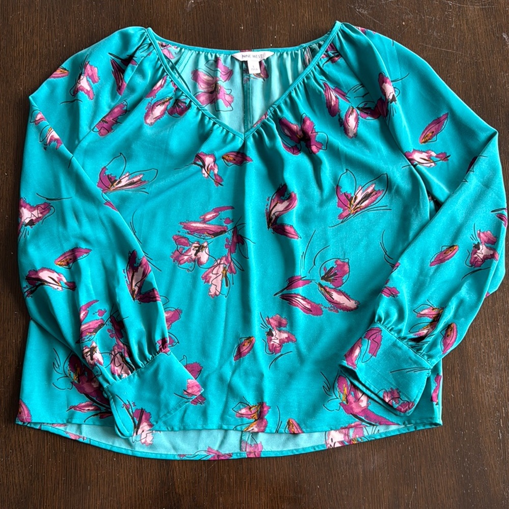 Nine West Blue Relaxed Blouse with Elastic Details